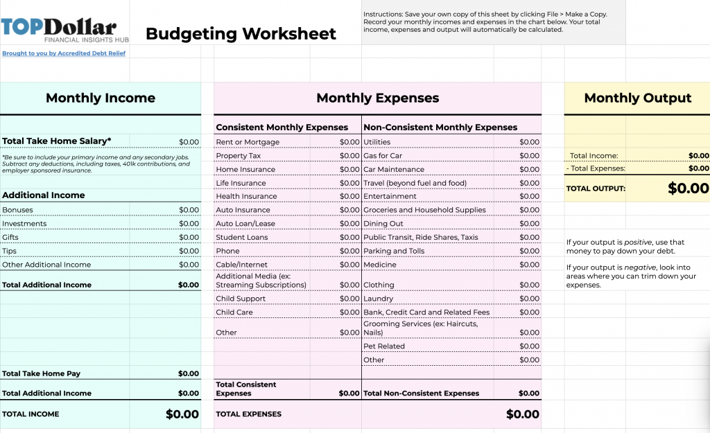 Top Dollar Budgeting Worksheet