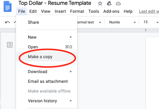How to save a copy: select "File," then select "Make a Copy"