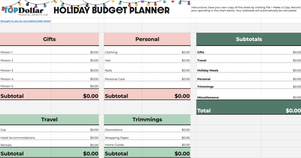 Top Dollar Holiday Budget Spreadsheet