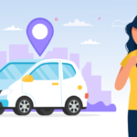 Illustrated rideshare car with woman using her app to check income from uber and lyft.