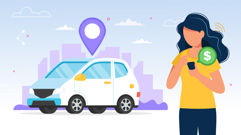 Illustrated rideshare car with woman using her app to check income from uber and lyft.