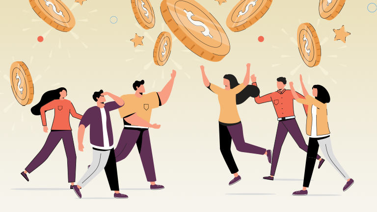 Illustration of a group of people who all need 100 dollars now, throwing coins into air in celebration.