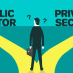 Graphic of man standing at fork in the road, deciding between public sector vs private sector