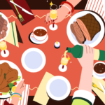 Graphic of hand reaching into frame of thanksgiving dinner table