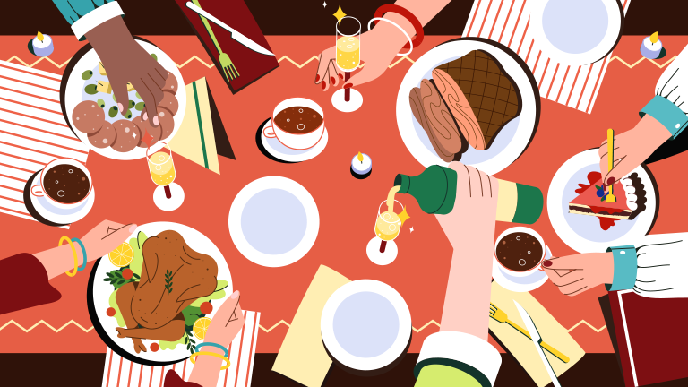 Graphic of hand reaching into frame of thanksgiving dinner table