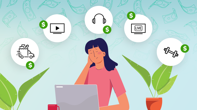 Graphic of overwhelmed woman at laptop with 5 subscriptions overhead