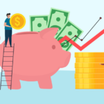 Graphic of person on ladder putting coin into piggy bank with growth arrow, dollars, and coins indicating low-cost index fund results
