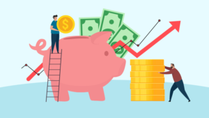 Graphic of person on ladder putting coin into piggy bank with growth arrow, dollars, and coins indicating low-cost index fund results