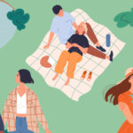 Graphic illustration of three couples enjoying cheap date ideas