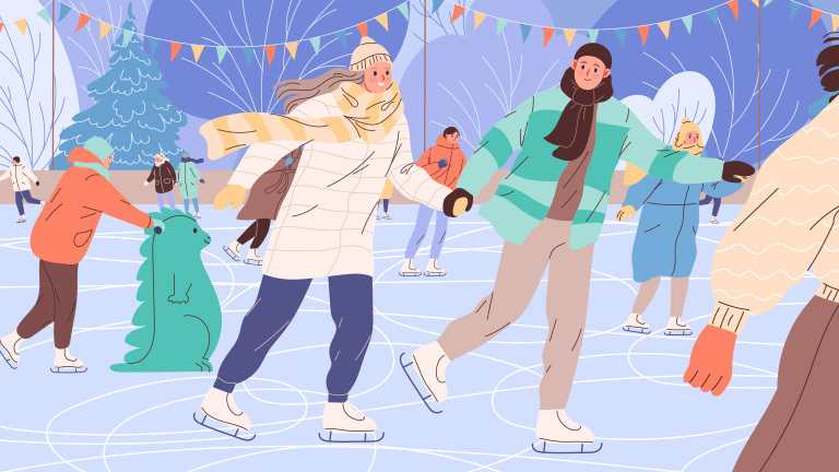 Cheap date ideas depiction - couple ice skating and holding hands