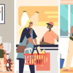 Triptych of 3 ways for teens to make money: babysitting, grocery checkout, and doing chores for parents