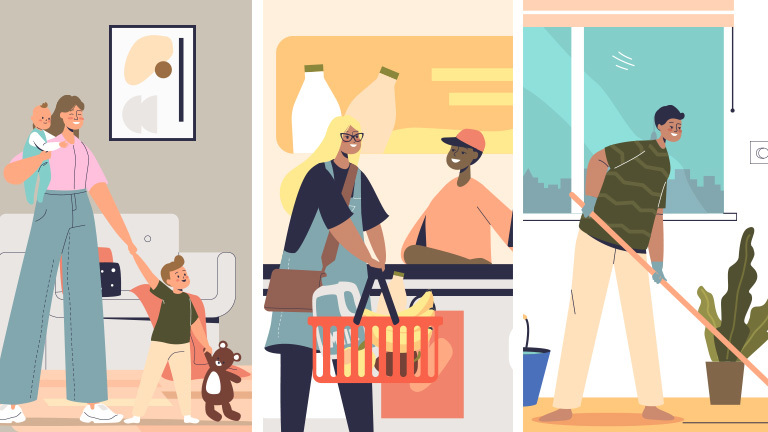 Triptych of 3 ways for teens to make money: babysitting, grocery checkout, and doing chores for parents