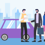 graphic of man handing family a contract in front of car depicting lease vs buy car concept