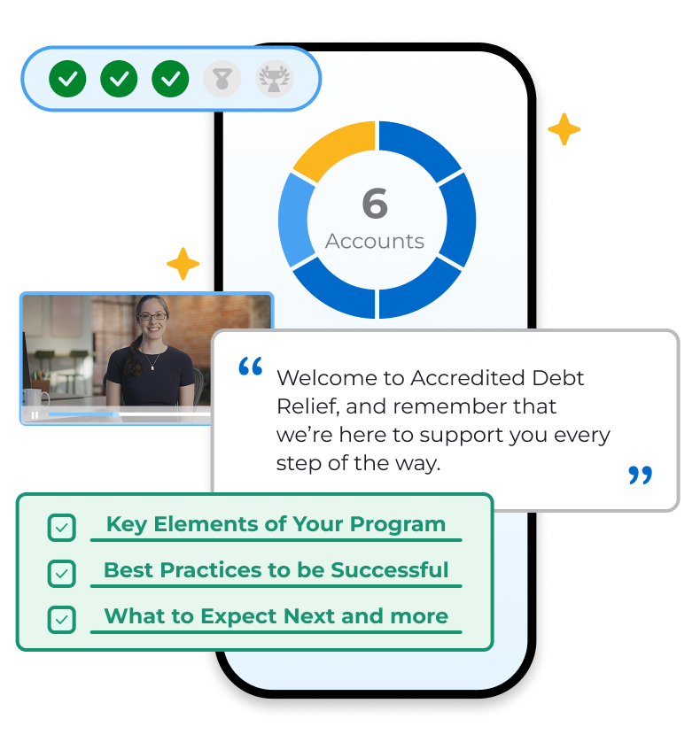 Accredited Debt Relief mobile app showing account tracker and program checklist